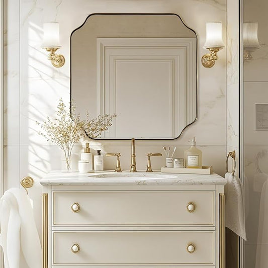 ANDY STAR Square Gold Vanity Mirrors, 24"x24" Brushed Brass Scalloped Bathroom Mirror, Antique Wall Mirror with Anti-Rust Stainless Steel Frame, Rounded Notched Corner Design Ideal for Home Deocr