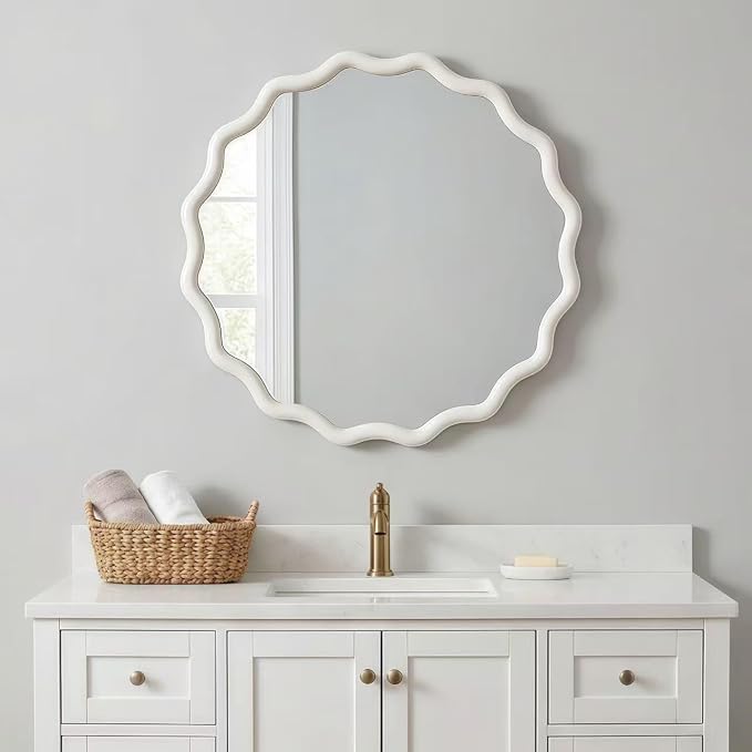 24 Inch Wooden Wavy Round Wall Mirror, Modern Solid Wood Frame Circle Decorative Accent Mirror for Bedroom, Bathroom, Living Room, Entryway, White