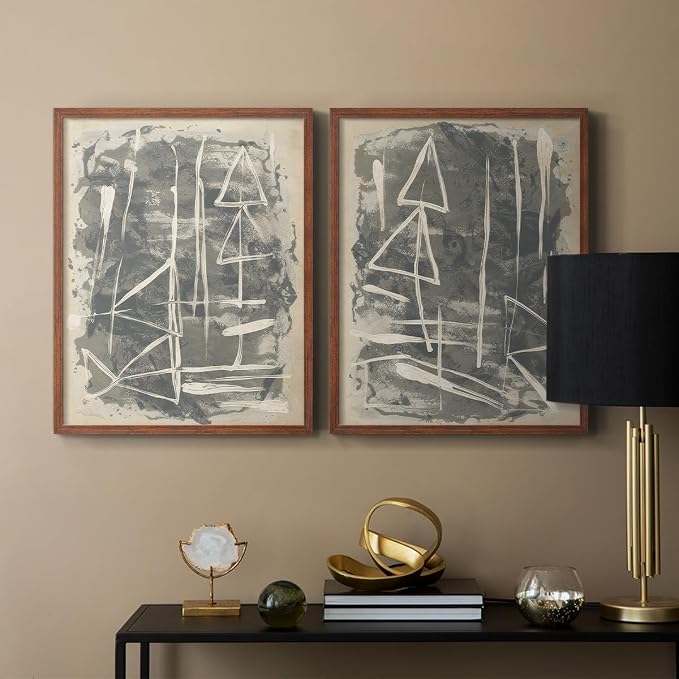 Renditions Gallery Set of 2 Peel & Stick Framed Prints, Trendy Abstract Wall Art, Textured Linework Striking Wall Decor, Re-Stickable - Ready to Hang - 8"x10" - Walnut Frame LT588