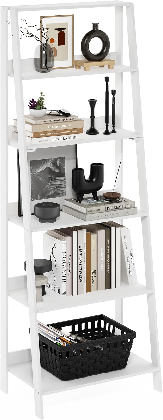 Furinno Ladder Book Shelf, 6-Tier Ladder Shelf, Open Design Bookshelf, Display Storage Bookcase, 14.8" x 23.6" x 66.2", Living Room, Home Office, White