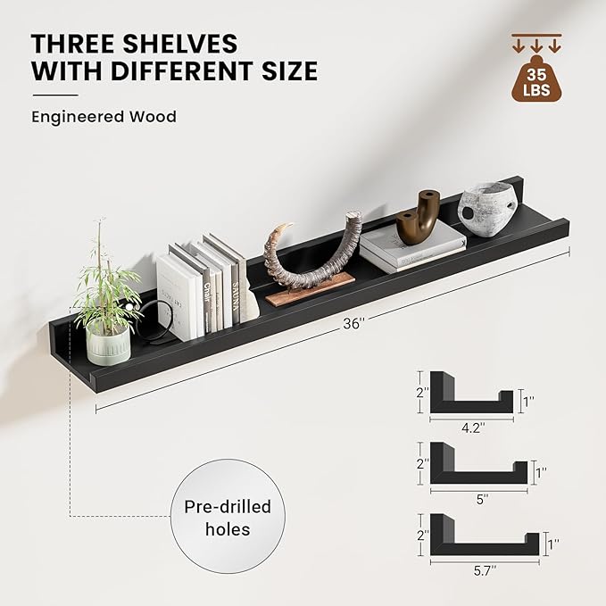 Heimlove 36 Inch Picture Ledge Shelf with Lip,Black Floating Shelves for Wall Set of 3,Long Wall Shelves in Varying Depths for Living Room,Bedroom,Nursery,Bookshelf