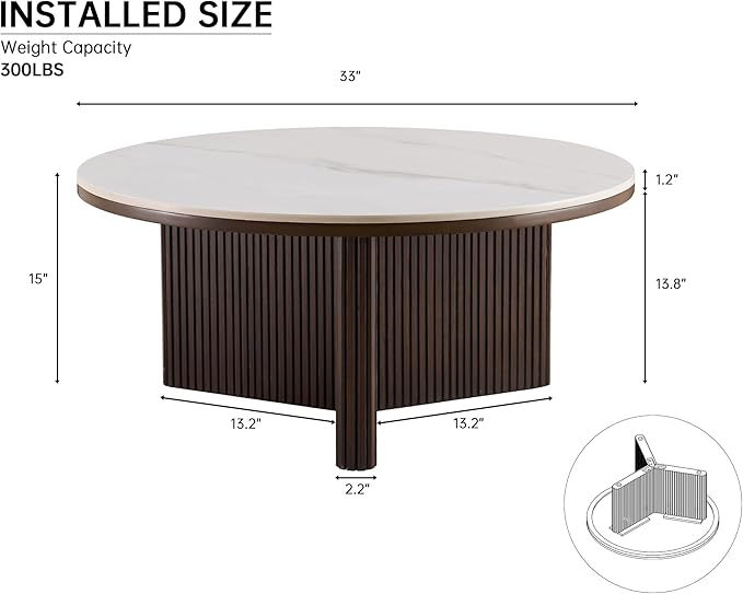 Morden Fort Faux Marble Coffee Table, Round Coffee Table Sintered Stone Top & Solid Fluted Wood Mid Century Modern Coffee Circle Table for Apartment Living Room Porch - 33'' White Top