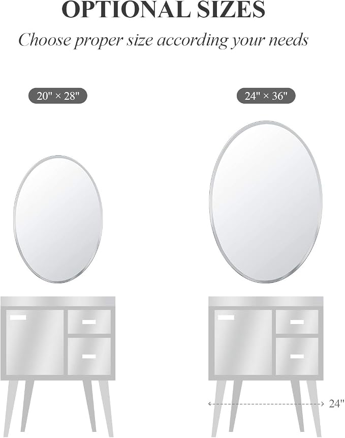 Frameless Oval Bathroom Mirror, 20x28 Inch Beveled Edge Vanity Wall Mirror for Over Sink, Modern Decorative Mirror for Bathroom, Bedroom, Entryway