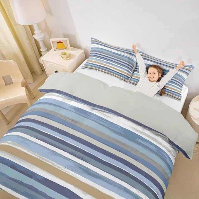 Erosebridal Brown Navy Beige Comforter Cover White Teal Grey Bed Set, Aesthetic Striped Duvet Cover Twin Size Wave Line Bedding Sets, Grunge Minimalism Bedspread Cover Lightweight
