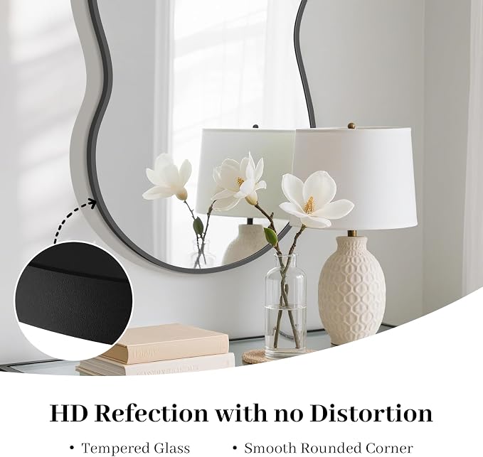 HOMECOOKIN 36" H x 20" W Irregular Wall Mirror, Asymmetrical Decorative Mirror with Black Aluminum Frame, Wavy Abstract Black Mirror, for Living Room, Bedroom, Bathroom, Entryway, Cloakroom