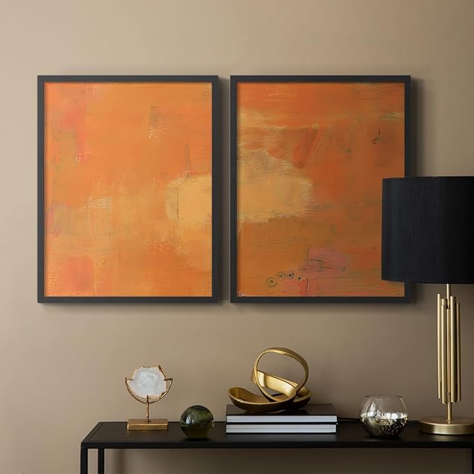 Renditions Gallery Set of 2 Peel & Stick Framed Prints, Abstract Wall Art, Rustic Fain Marking with Brush Strokes Wall Decor, Re-Stickable - Ready to Hang - 8"x10" - Black Frame LT588