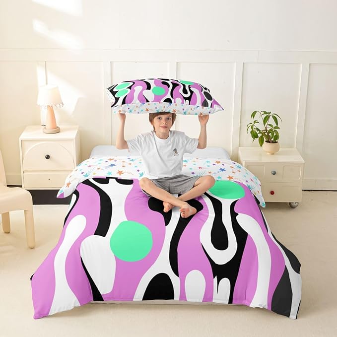 Organic Geometric Duvet Cover Set Modern Abstract Girl Toddler Bedding Set for Kids Teens Child Retro Mid Century Comforter Cover Modern Fluid Art Irregular Circles Bed Sets,Lavender Green