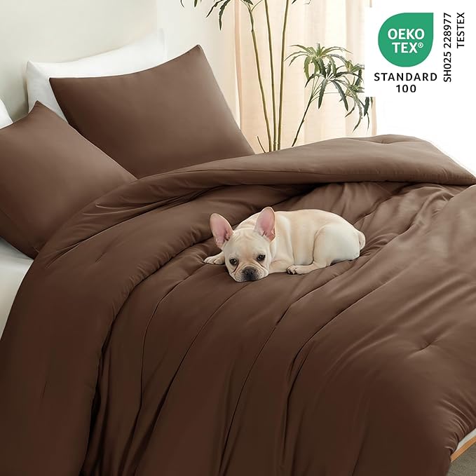 CozyLux Oversized Queen Comforter Set Brown, 3 Pieces 98"x98" Lightweight Down Alternative Quilted Bedding Sets, All Season Soft Breathable Solid Comforter with 2 Pillowcases, Bed Set Gift for Home