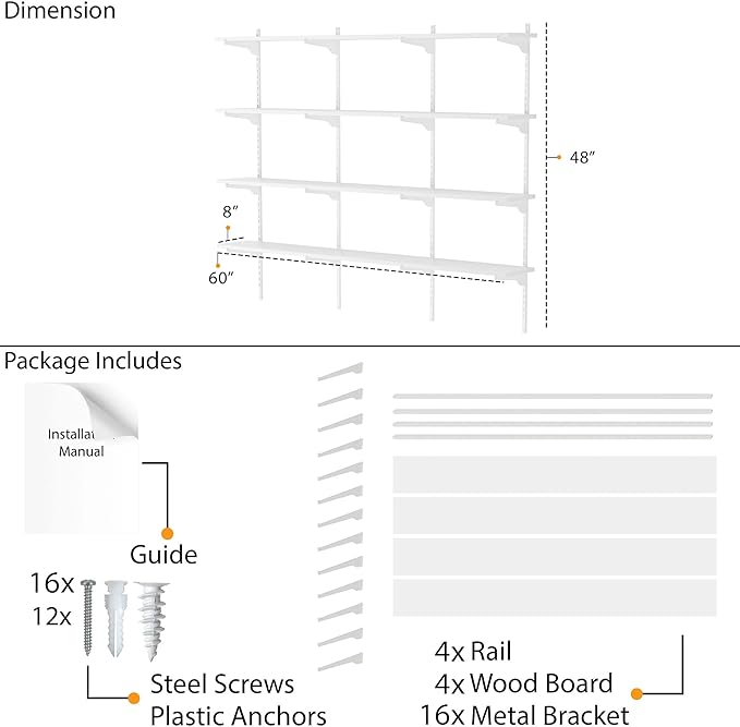 Wallniture Turin 60 inch x 8 in Wall Shelf for Home Storage and Decor, Floating Bookshelf for Living Room, Ladder Shelves with Adjustable Standard Rail Bracket System for Closet, Laundry, Kitchen
