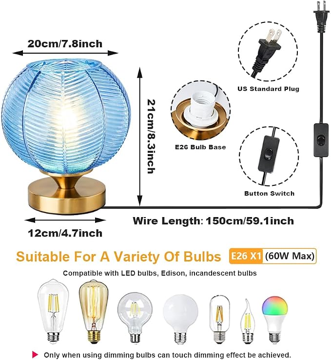 Mid-Century Modern Glass Table Lamp 3 Brightness Levels Dimmable Touch Control Desk Lights with Plug in Cord On/Off Switch, Globe Decor Nightstand Lamps for Bedroom Living Room Office (Blue)