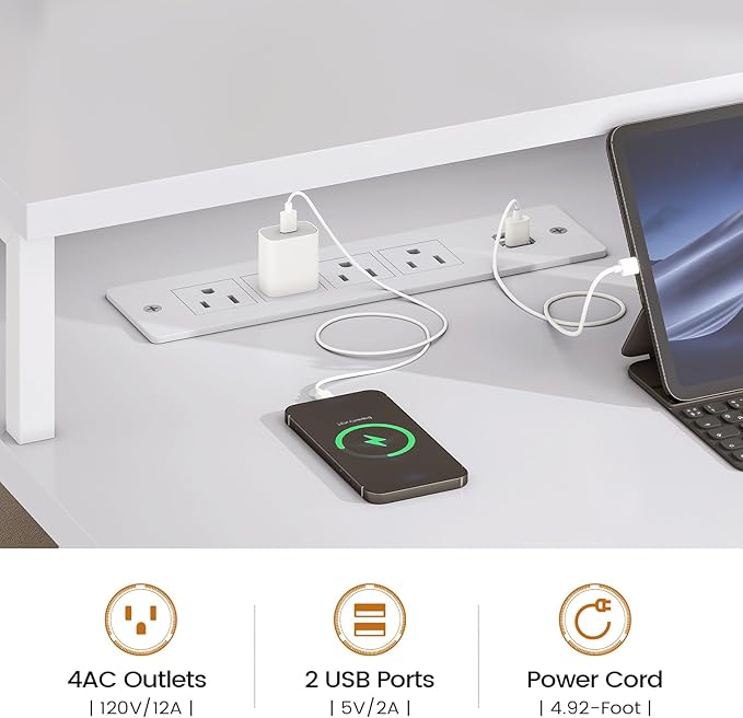 SEDETA White Computer Desk with 5 Drawer & Power Outlet, 75'' Home Office Desk with File Drawer, Storage Shelves, Printer Cabinet and Monitor Shelf, Gaming Desk with Led Lights, 23.6" W Desktop