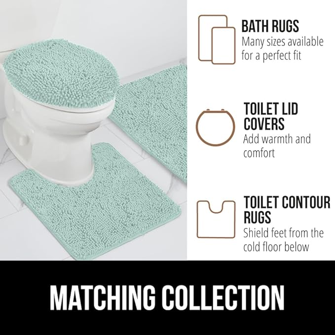 GORILLA GRIP Plush Absorbent Shaggy Chenille Bath Rug Mat for Oval Toilet Base with Rubber Backing, Machine Washable Rugs, Soft Microfiber Contour Mats for Toilets, Bathroom Decor, Seablue