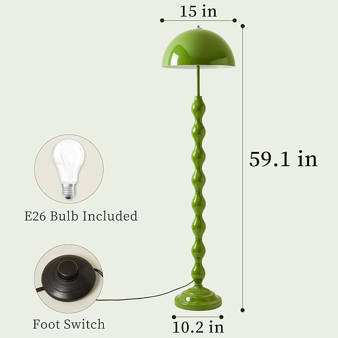 Unique Floor Lamp Creative Green Mushroom Lamp Standing Lamp with 38CM Wide Iron Shade and Foot Switch Modern Floor Light for Living Room, Bedroom, Office, Corner