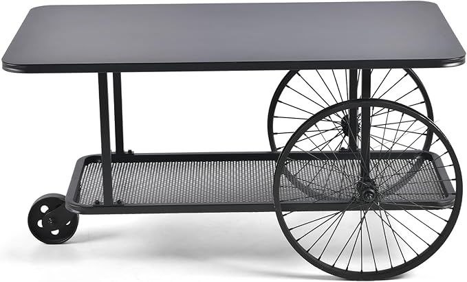 Steampunk-Inspired Mobile Storage Serving Cart - Black Metal Iron Top - 39.37" x 23.62" - Welded Construction Heavy Duty Locking Casters - 2-Tier Open Shelf - Movable Coffee Bar Table