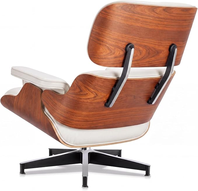 Top Grain Leather, Mid Century Chaise Lounge Chair and Ottoman, Modern Chair Classic Design, Heavy Duty Base Support for Living Room Study Lounge Office, Palisander-White