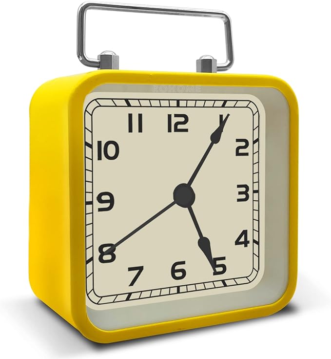 Rohome Small Alarm Clock, Retro Silent Quartz Movement with Night Light, Decorative Vintage Non Ticking Clock for Living Room, Office, Desk, Bedroom, Bedside, Hotel, Shelf, Nightstand (Yellow)