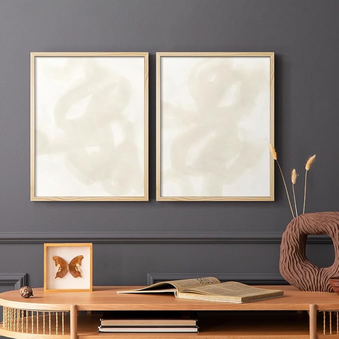 Renditions Gallery Set of 2 Peel & Stick Framed Prints, Abstract Wall Art, Beige and White Aesthetic Wall Decor, Re-Stickable - Ready to Hang - 8"x10" - NATURAL WOOD Frame LT588