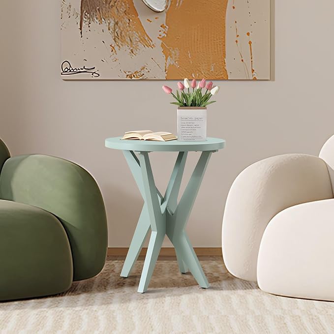 Modern Round End Table Set of 2 with Crossed Legs, Unique Small Green Side Table, Outdoor Accent Table, Easy Assembly Bedside Table for Living Room, Balcony, Small Spaces