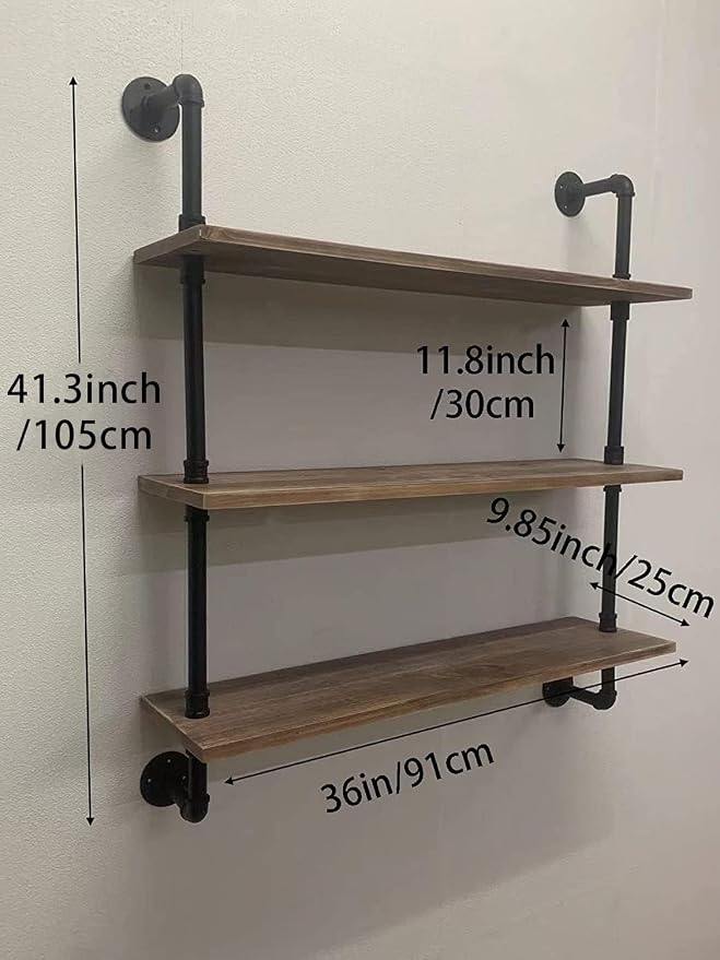 HDDFER Pipe Shelves Industrial Pipe Shelving Shelves Real Wood Industrial Floating Pipe Shelves with Wood Planks 36 inch Wall Shelves Rustic Hanging Bookshelf Farmhouse Kitchen Bar Shelving