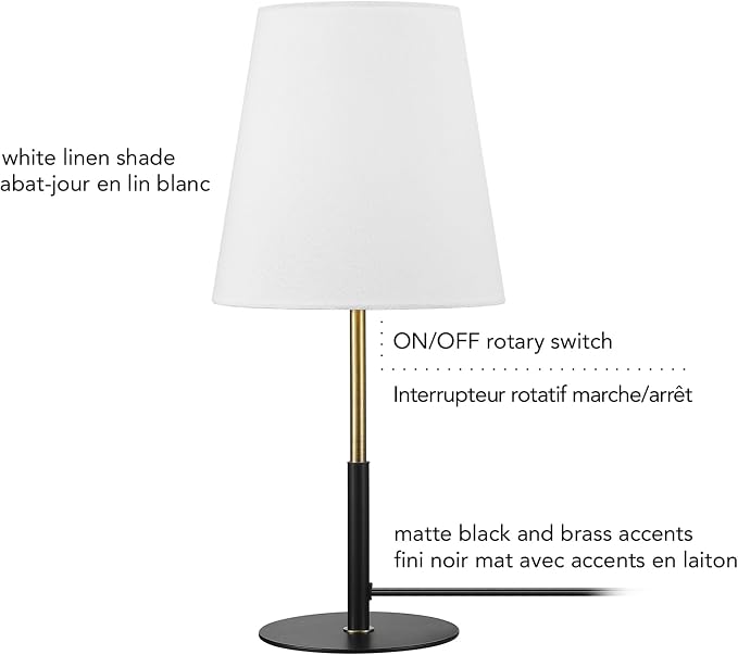 GLOBE Electric 61000045 16" Table Lamp, Matte Black, Brass Accents, White Linen Shade, On/Off Rotary Switch on Socket, Table Lamps for Living Room, Bedroom, Office, Den, Apartment Essentials