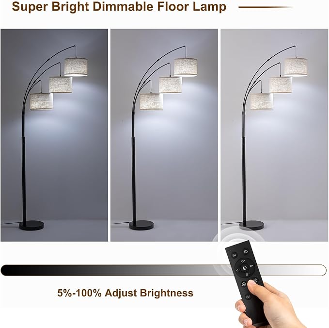 Floor Lamps for Living Room, 2400LM Super Bright Arc Floor Lamp with Remote Control, 3 Light Tall Floor Lamps with Stepless Dimmable, 80" Mid Century Tree Floor Lamp for Bedroom, Office