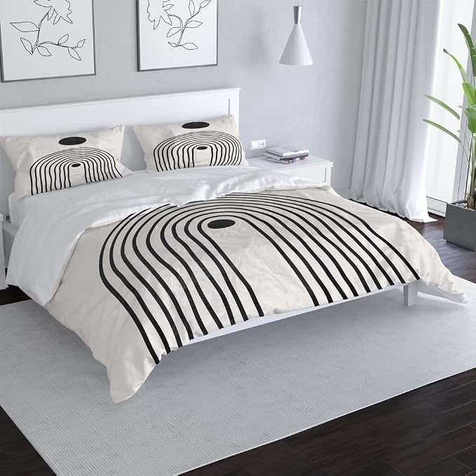 Black Beige Mid Century Modern Duvet Cover Set Queen Size 1 Duvet Cover 2 Pillowcases Abstract Geometric Black Sun Art Boho Comforter Cover Microfiber Soft Bedding Sets with 2 Pillowcover