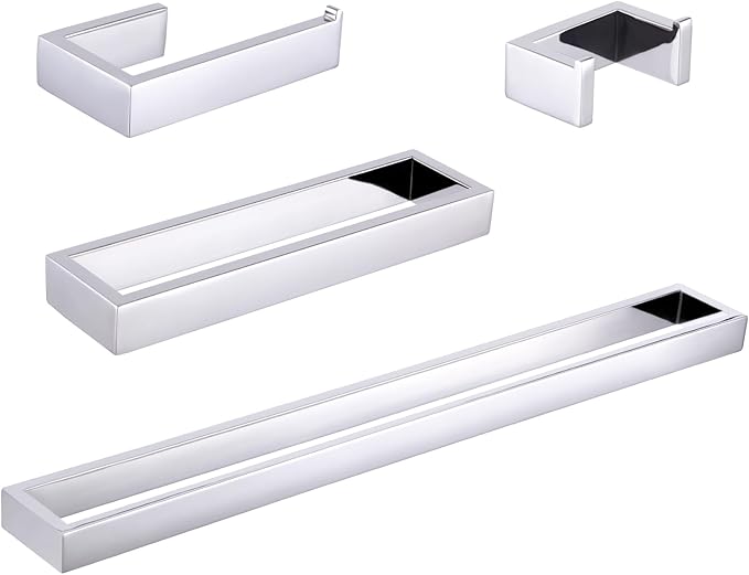 GERZWY 4-Piece Bathroom Accessory Set SUS 304 Stainless Steel Towel Bar Toilet Paper Holder Towel Ring Towel Hooks Wall Mount, Polished Finish HG1708-4JG