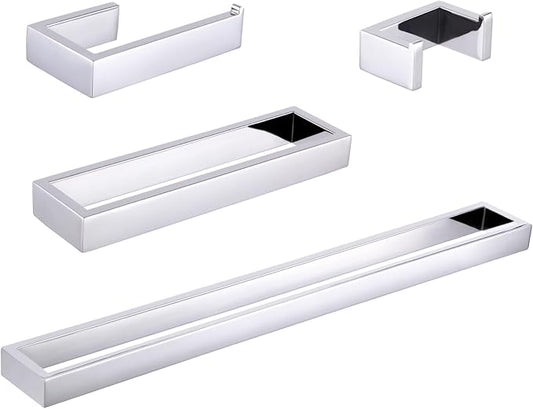 GERZWY 4-Piece Bathroom Accessory Set SUS 304 Stainless Steel Towel Bar Toilet Paper Holder Towel Ring Towel Hooks Wall Mount, Polished Finish HG1708-4JG