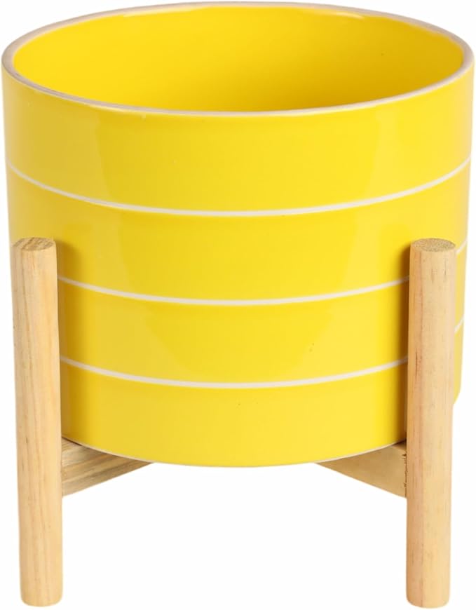 Striped Ceramic Planters with Wooden Stand as Home Decor Flower Pots for Entryway, Patio, Tabletop, and Garden - Colorful Decorative Pots for Indoor and Outdoor Plants - 9", Yellow & Tan