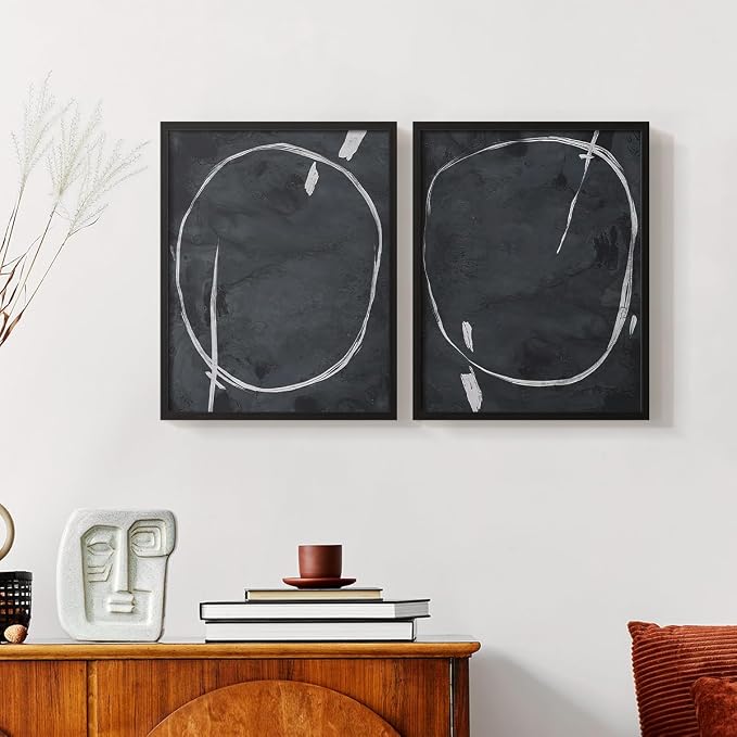 Renditions Gallery Set of 2 Peel & Stick Framed Prints, Abstract Wall Art, Circular Momentum Design Wall Decor, Re-Stickable - Ready to Hang - 8"x10" - Black Frame LT588