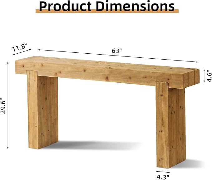 Wood Console Table, 63" Retro Long Boho Sofa Table Behind Couch, Wooden Narrow Sofa Table Hall Table for Living Room Foyer Entrance Entryway, Natural