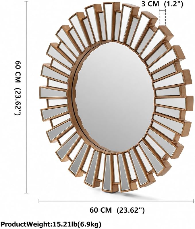 SHYFOY 23.6" Gold Sunburst Wall Mirror, Round Beveled Decorative Mirror with Layered Metal Frame, Glam Luxury Accent Wall Mirror for Living Room, Entryway & Bedroom