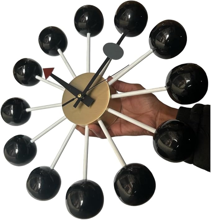 Mid Century Modern Ball Clock – George Nelson Style Wooden Wall Clock, Retro Starburst Design, Silent Non-Ticking Decorative Wall Decor for Living Room, Office, Kitchen & Home (Black, 24 Inch)