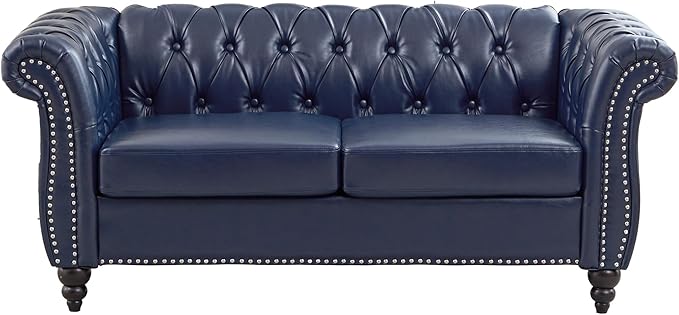 LEVNARY Chesterfield Loveseat, 2 Seater Tufted Couch for Living Room, Classic Button Tufted Upholstered Sofa, Modern Mid-Century PU Leather Loveseat (Blue)