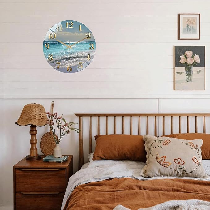 12 Inch Ocean Beach Glass Wall Clock Silent Coastal Art Decor | Silent glossy wall clock featuring a stunning ocean beach scene, perfect for adding a coastal vibe to living room or bedroom