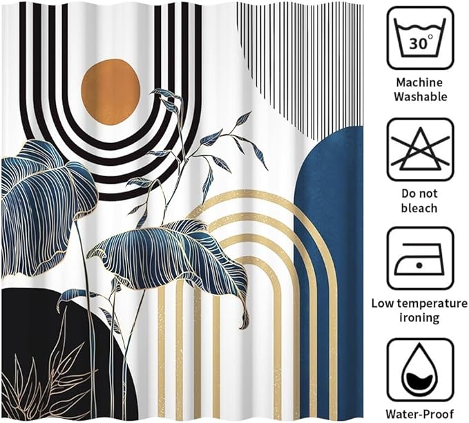 Mid Century Boho Shower Curtain for Bathroom Modern Abstract Minimalist Bathroom Decor Set Blue Gold Leaf Sun Arch Bathtub Curtains Machine Washable Waterproof Polyester Fabric with Hooks 72x84 Inch