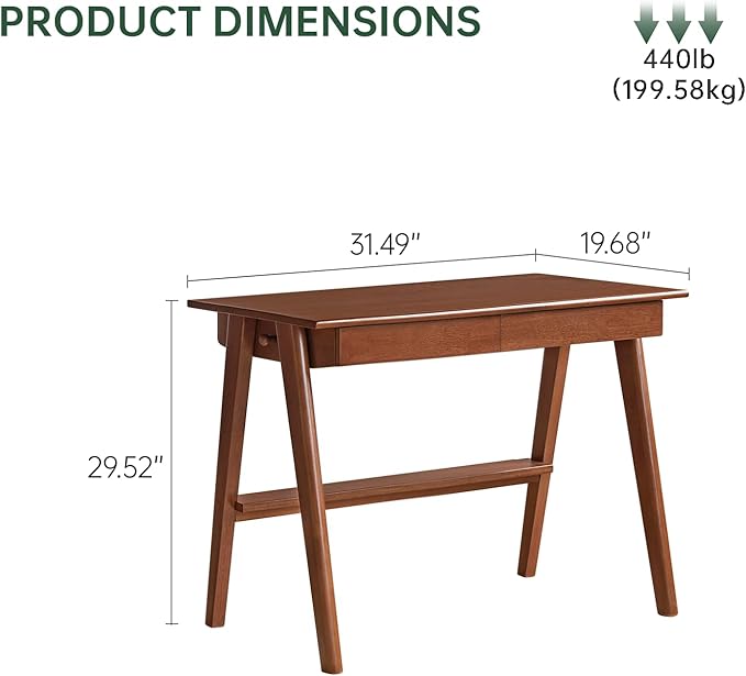 100% Solid Wood Desk Home Office Desk Mid Century Modern Rubberwood Writing Computer Desk with Drawer for Home Office 31" W