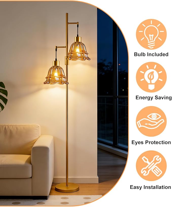 2-Light Modern Glass Floor Lamp, Gold Tall Standing Lamp with Amber Tulip Glass Shade for Reading, Dimmable LED Floor Lamp with Rotary Switch for Living Room Bedroom Home Decor, Bulb Included