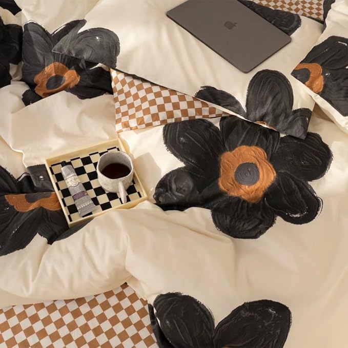 Pureant Black Sunflower Comforter Sets King Black and White Floral Bedding Comforters Cotton Women Girls Boho Black Botanical Quilts Large Flower Blankets Garden Adults Teens Bohemian Rustic Bedding