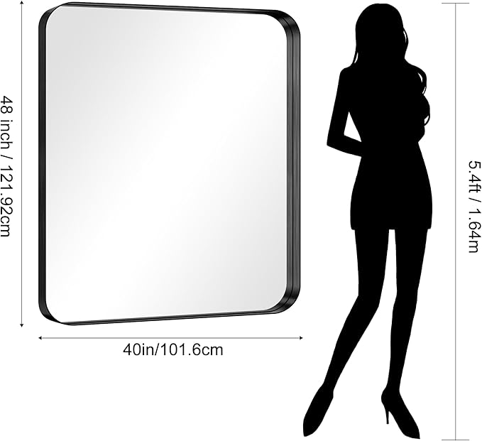 CIRCUMI Black Bathroom Mirror, 40"x48" Rectangular Mirror with Deep Metal Frame, Rounded Corner, Tempered Glass, Large Mirror for Wall, Over 2 Sinks, Installed Vertically/Horizontally, Crystal-Clear