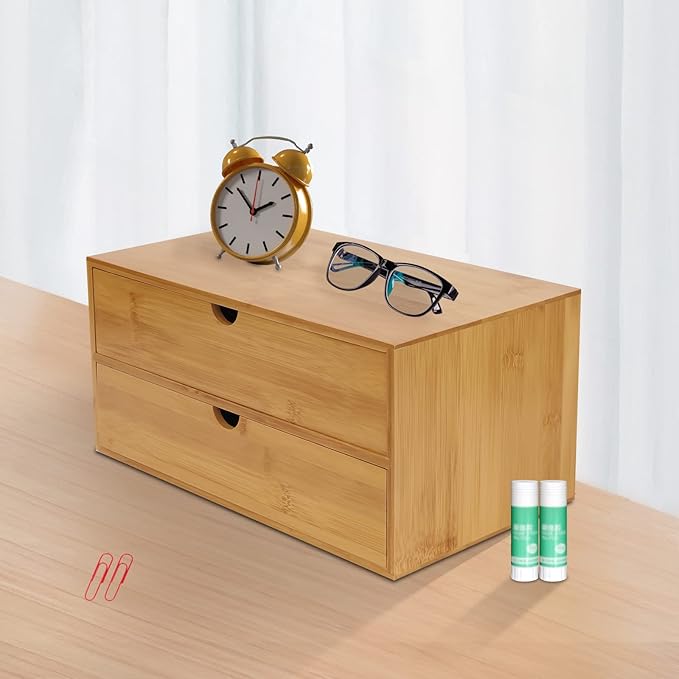 Bamboo Desk Organizer Small Retro Bamboo Tabletop Storage Box with Drawers& Recess Handles for Office Home Supplies Table Storage Collector 13 * 7.5 * 6in (2 Drawers)
