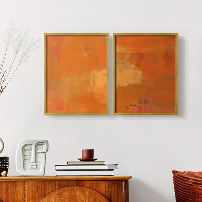 Renditions Gallery Set of 2 Peel & Stick Framed Prints, Abstract Wall Art, Rustic Fain Marking with Brush Strokes Wall Decor, Re-Stickable - Ready to Hang - 16"x20" - GOLD Frame LT588
