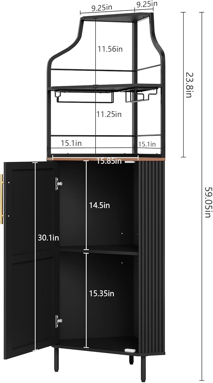 ARTPOWER Corner Bar Cabinet with LED Strip, 4-Tiers Modern Corner Coffee Bar with Glass Holder, Fluted Tall Liquor Cabinet for Kitchen, Dining Room, Living Room, Black