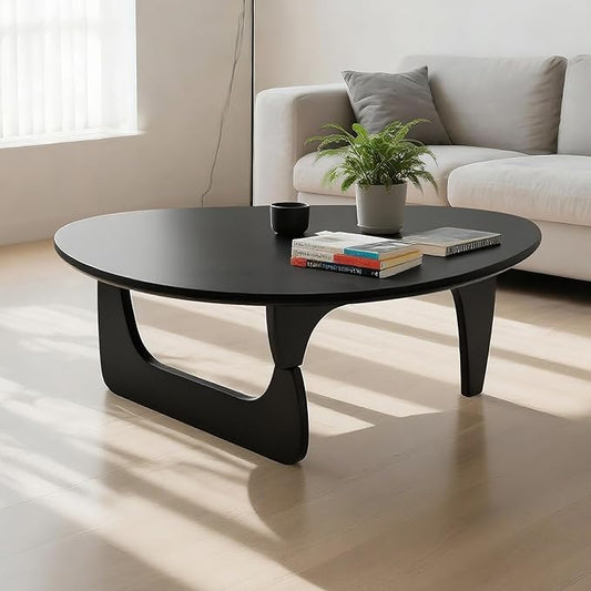 Solid Wooden Modern Triangle Coffee Table: Unique Funky Coffee Tables for Living Room, Oval Mid-Century Irregular Abstract Tea Tables for Patio Office Balcony Bedroom (Black, 35" L x 24" W x 16" H)