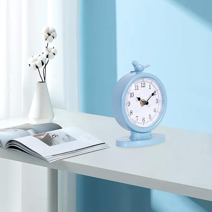 Mantel Clock, Classic Vintage Clocks and Decorative Shelf Decor, Silent Analog Desk Clocks with Light Vintage Metal Table Clock for Living Room Shelf Bedside Home Decor (Cornflower Blue)