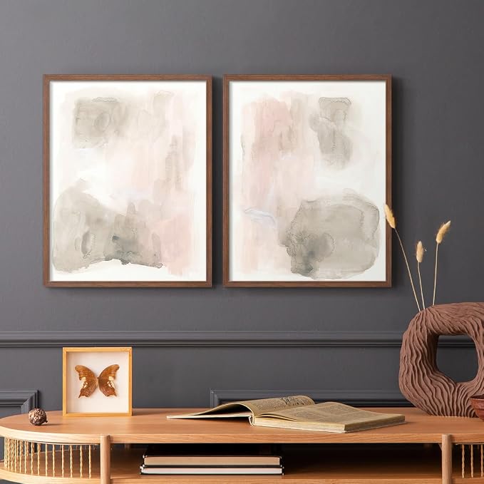 Renditions Gallery Set of 2 Peel & Stick Framed Prints, Watercolor Abstract Wall Art, Nude Color Neutral Aesthetic Wall Decor, Re-Stickable - Ready to Hang - 16"x20" - Walnut Frame LT588