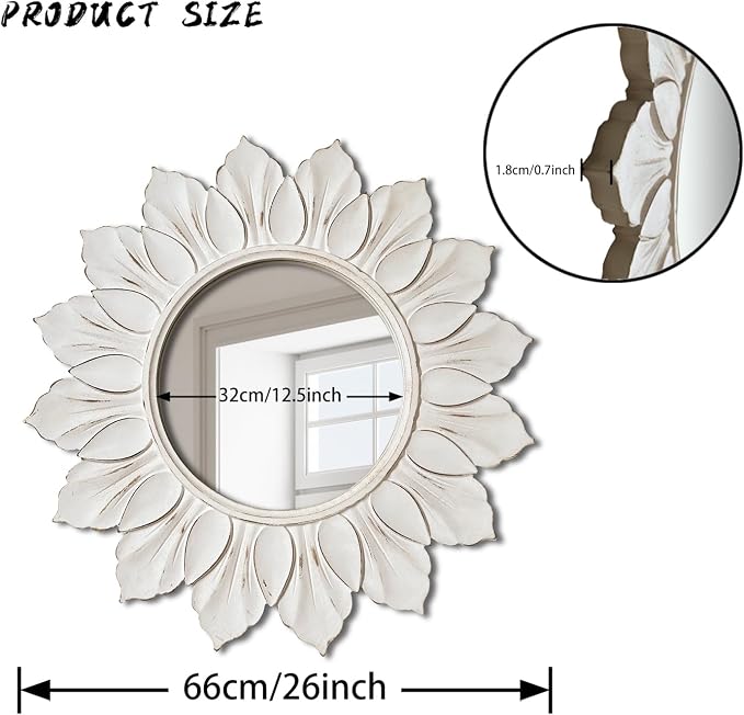 Sunflower Sunburst Wall Mirror, 26" Distressed White Wooden Frame, Handcrafted Petal Floral Design, Vintage Farmhouse Style Mirror for Wall Decor for Living Room, Bedroom, Bathroom, Vanity