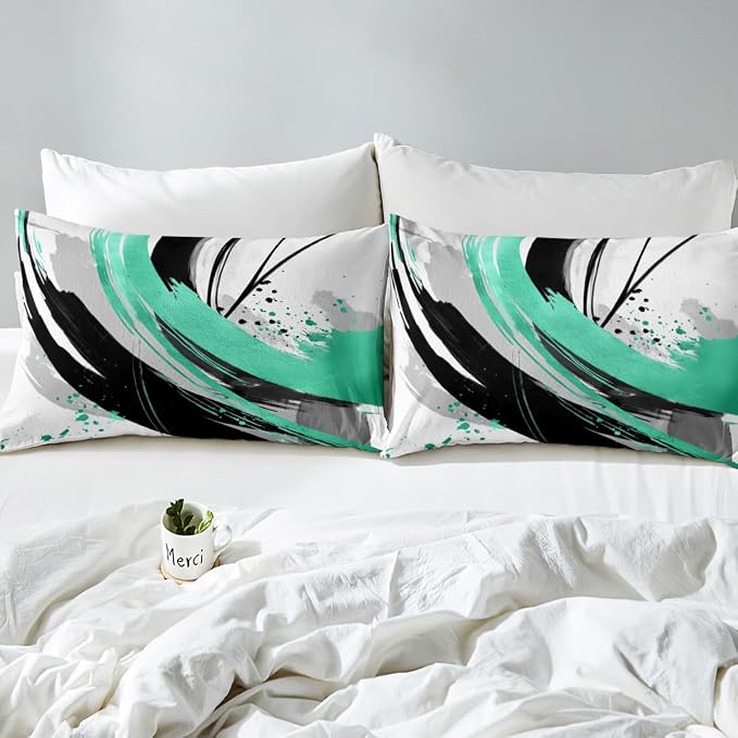 Erosebridal Black and Teal Duvet Cover Twin - Striped Bed Set for Boys Adults Girls Geometric Decorative Abstract Bedding Set Minimalists Graffiti Aesthetic Lines Bed Cover