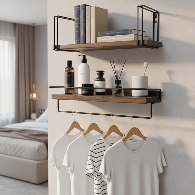 Wall Mounted Shelf with Towel Bar - Solid Walnut Floating Shelves with Metal Frame, Wall Shelf for Coffee Bar Kitchen, Living Room, Office, Bedroom