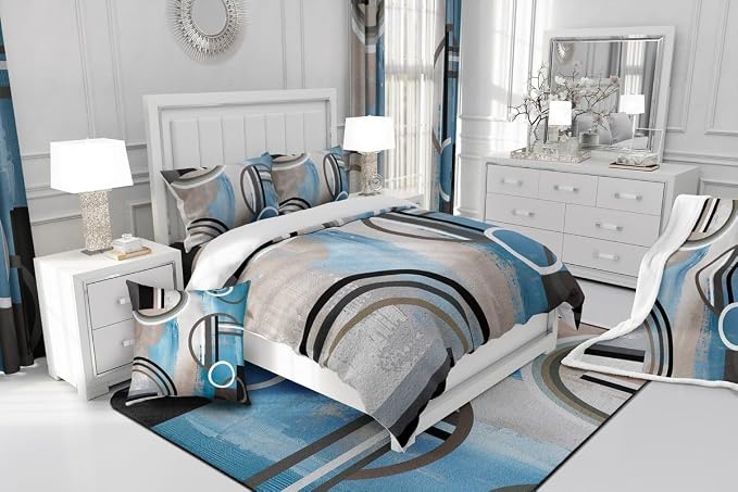 Erosebridal Ombre Geometric Duvet Cover Full Size,Navy Blue Comforter Cover for Kids Teens Youth,Grunge Bedding Set,Modern Circles Swirls Quilt Cover Watercolor Bedroom Decor 3 Piece